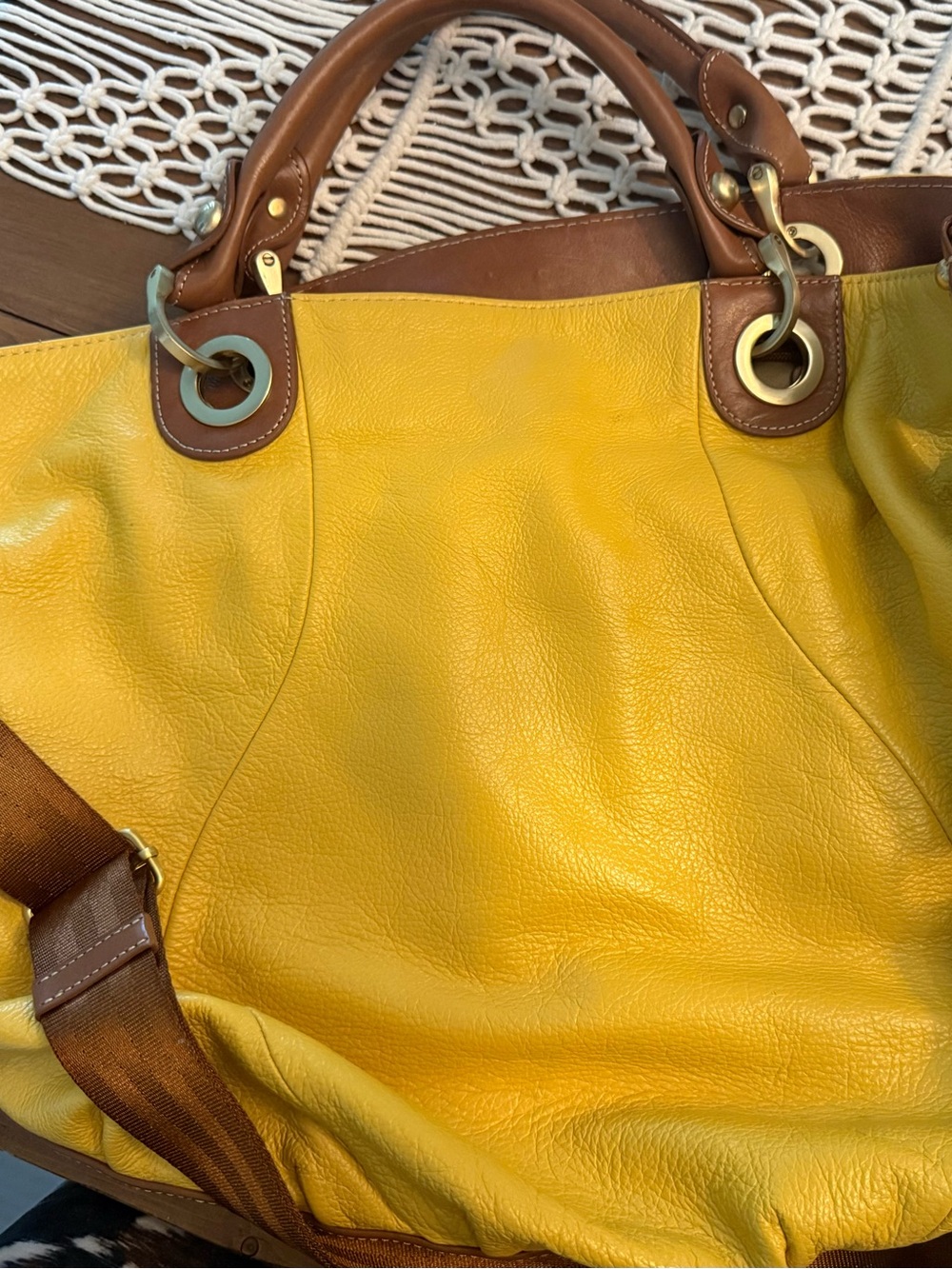 Fenn Wright Manson Yellow Leather Tote Bag with Brown Trim